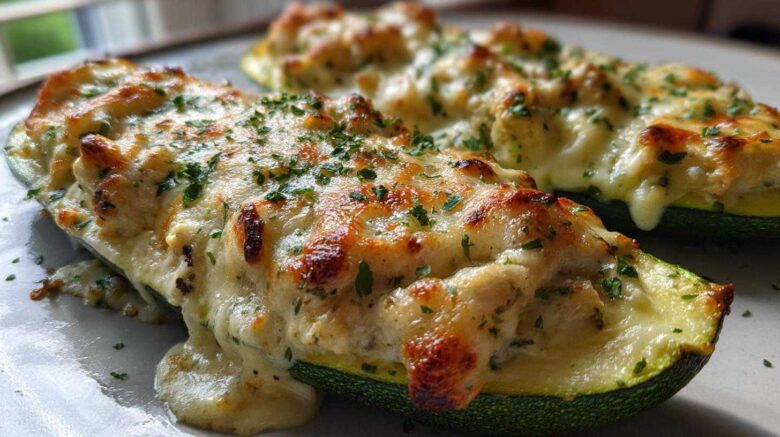 Chicken Alfredo Stuffed Zucchini Boats