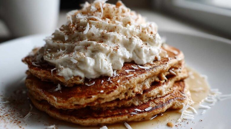 Chai-Spiced Oat Pancakes with Coconut Whipped Cream