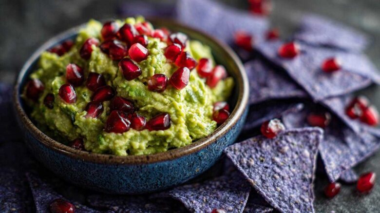 Pomegranate Guacamole with Blue Corn Chips