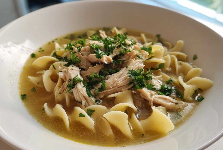 A close-up of a white bowl filled with rich broth, egg noodles, shredded chicken, and fresh parsley, showcasing the amazing 1-pot chicken noodle soup.