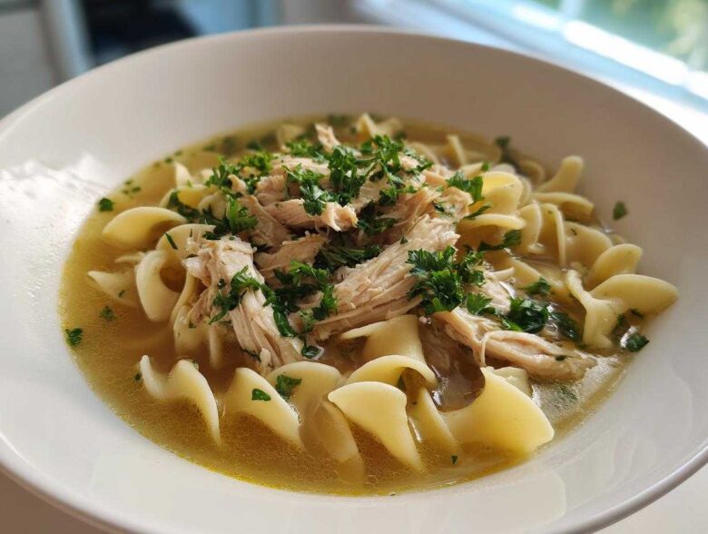 A close-up of a white bowl filled with rich broth, egg noodles, shredded chicken, and fresh parsley, showcasing the amazing 1-pot chicken noodle soup.
