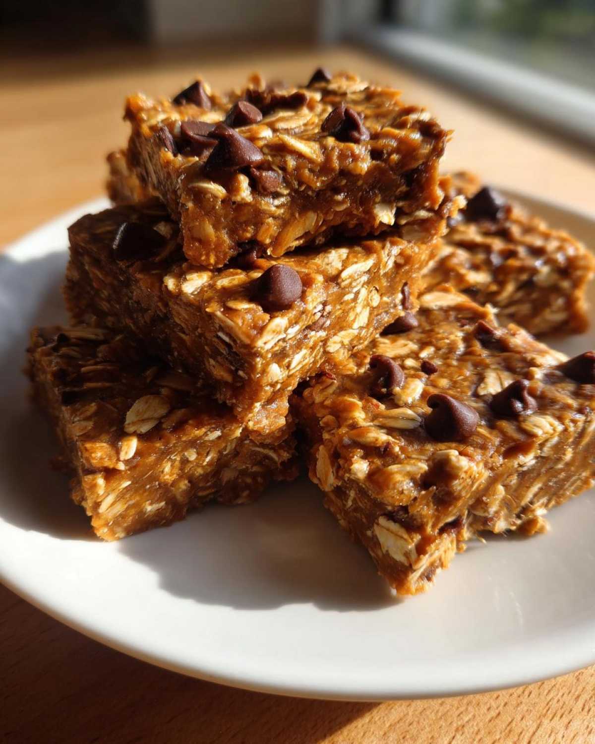 A stack of homemade, chewy protein bars loaded with oats and topped with chocolate chips.