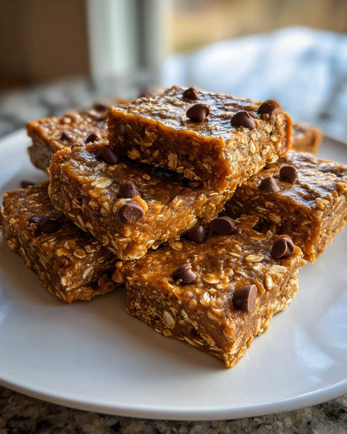 A stack of homemade, chewy protein bars made with oats and topped with mini chocolate chips, ready to eat.
