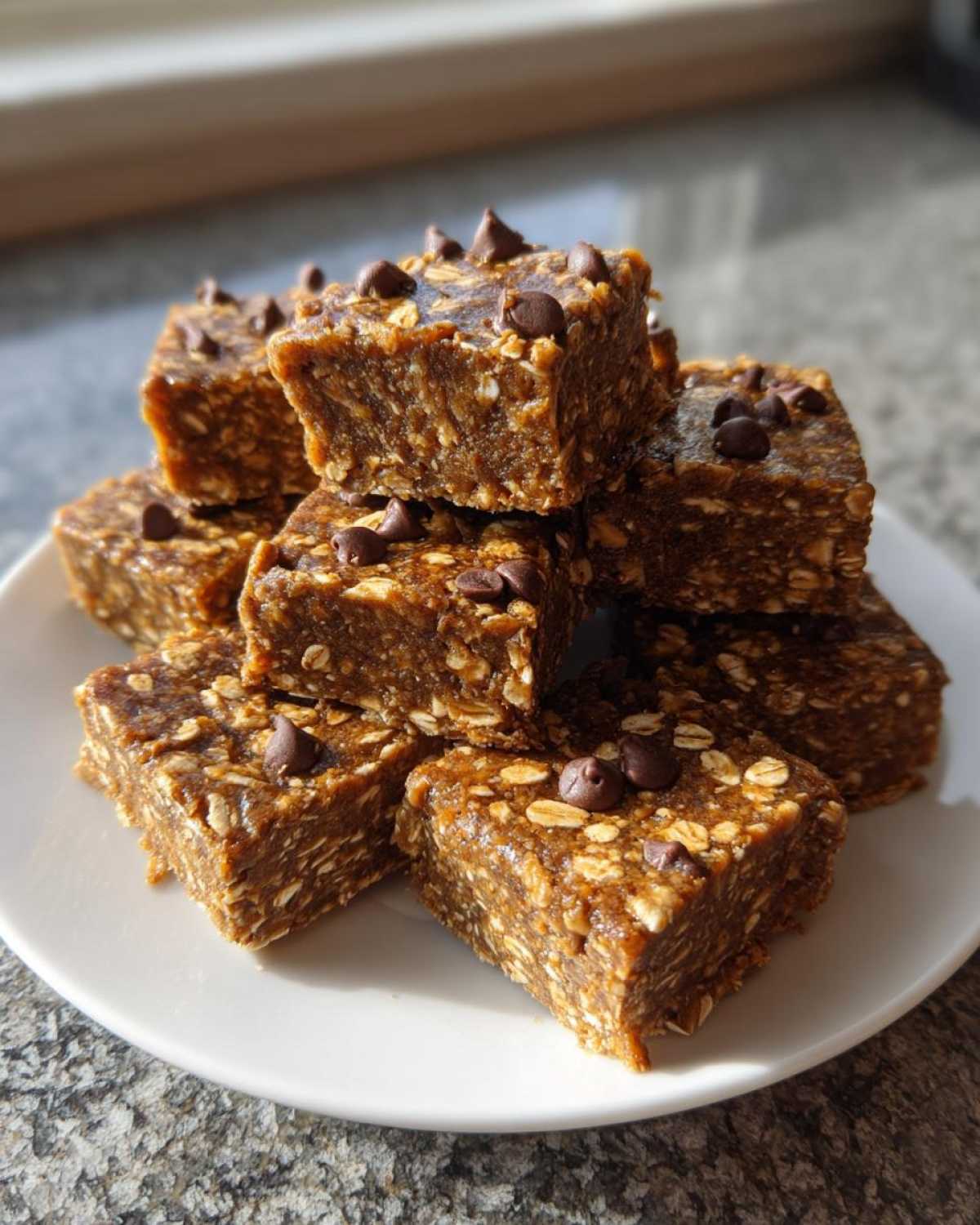 A stack of chewy, homemade protein bars made with oats and topped with mini chocolate chips, resting on a white plate.