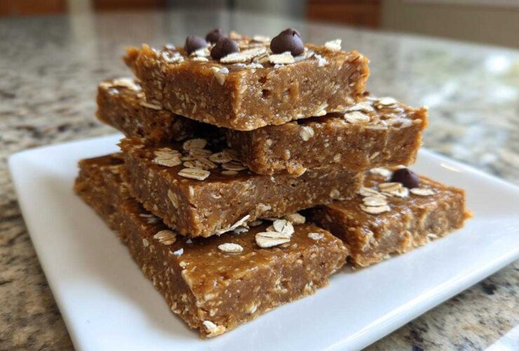 A stack of five homemade, chewy protein bars topped with oats and chocolate chips on a white plate.