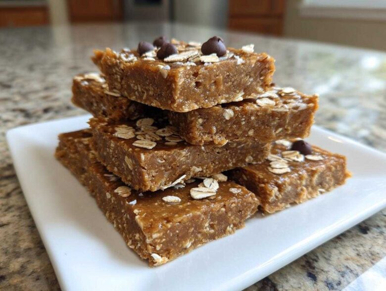 A stack of five homemade, chewy protein bars topped with oats and chocolate chips on a white plate.