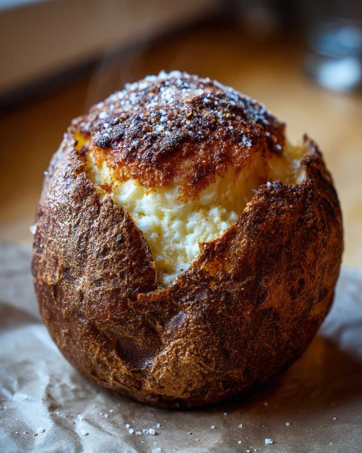 Close-up of a fluffy air fryer baked potato with a crispy, salted skin split open to show the steaming interior.
