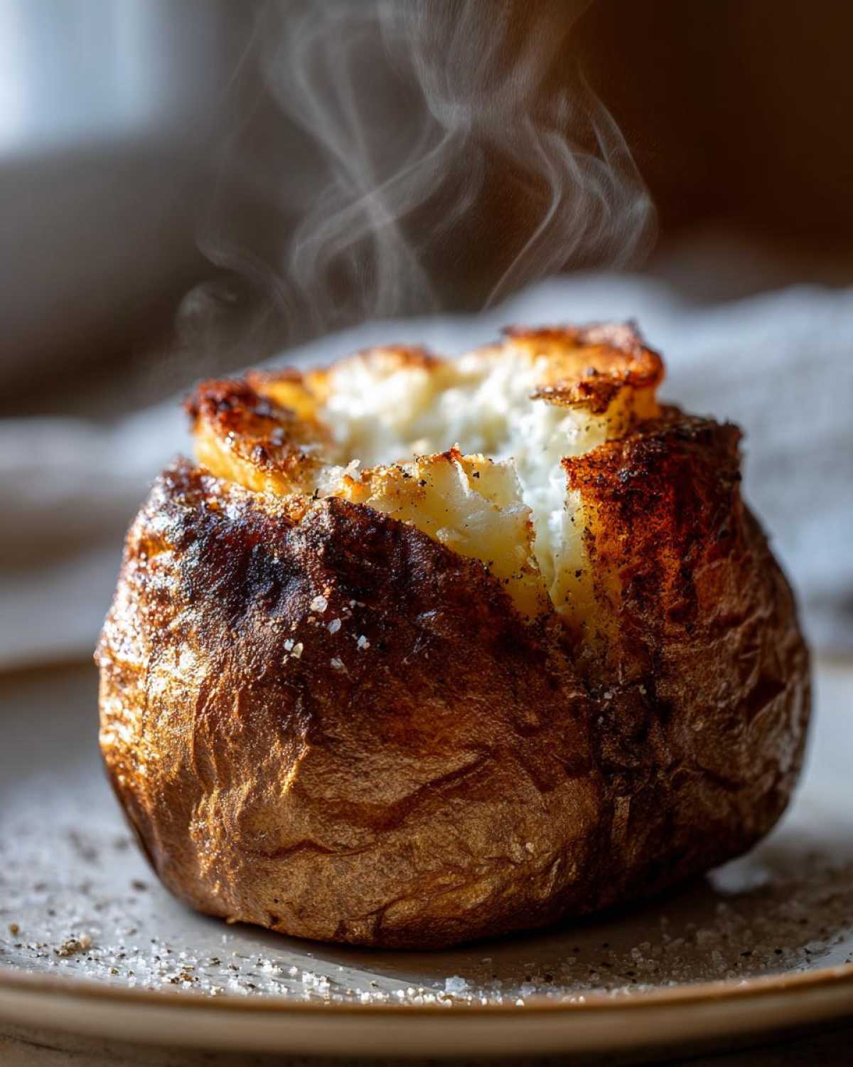 Close-up of a perfectly cooked, steaming air fryer baked potato with a split top and crispy, seasoned skin.