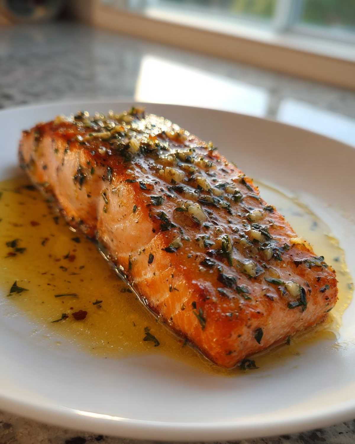 A juicy fillet of air fryer salmon topped with garlic and herbs, resting in butter sauce on a white plate.