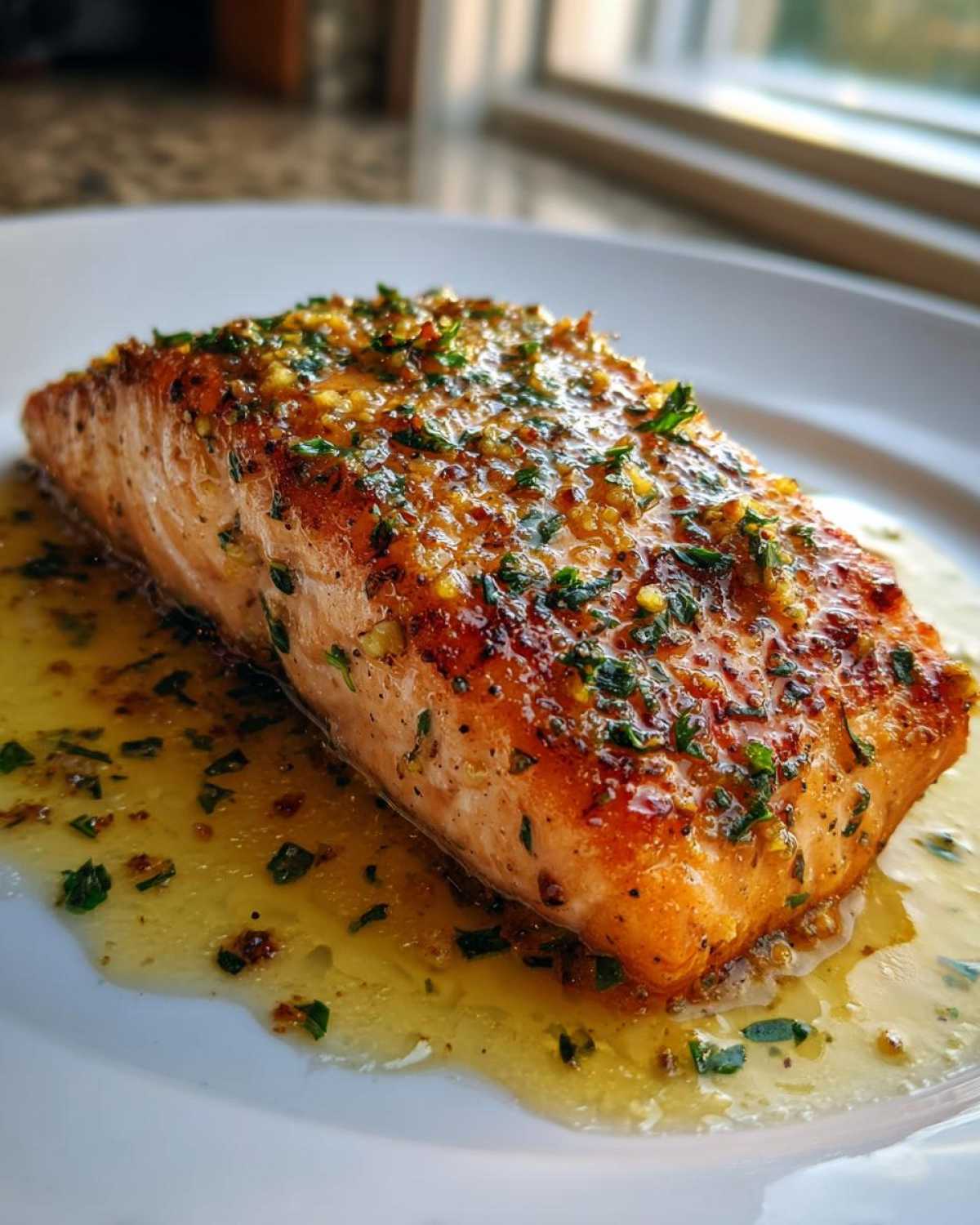 A close-up of a perfectly cooked piece of air fryer salmon topped with a glistening garlic-herb glaze, resting in butter sauce.
