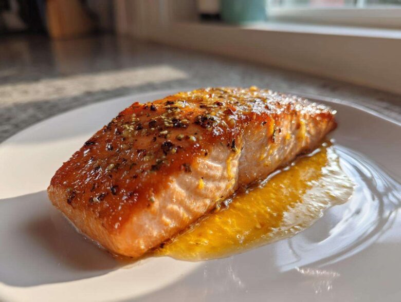 A perfectly cooked, glazed fillet of air fryer salmon seasoned with herbs, resting in its juices on a white plate.