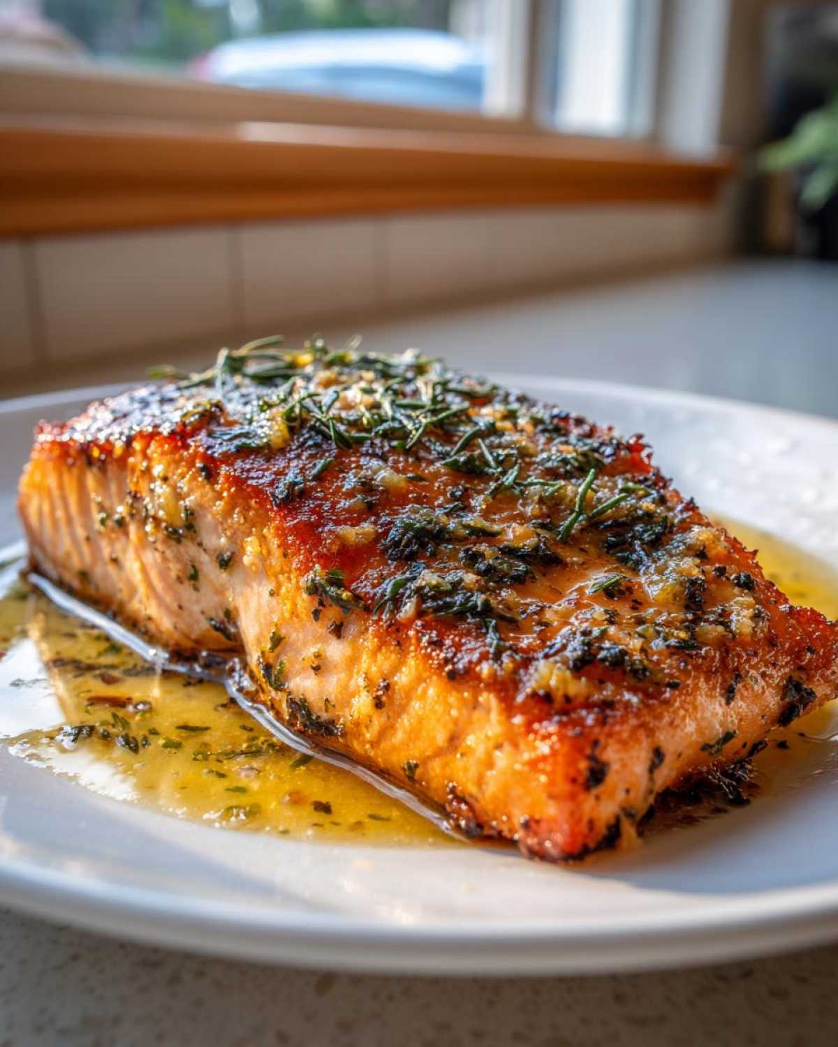 Close-up of a beautifully cooked air fryer salmon fillet topped with herbs and sitting in butter sauce.
