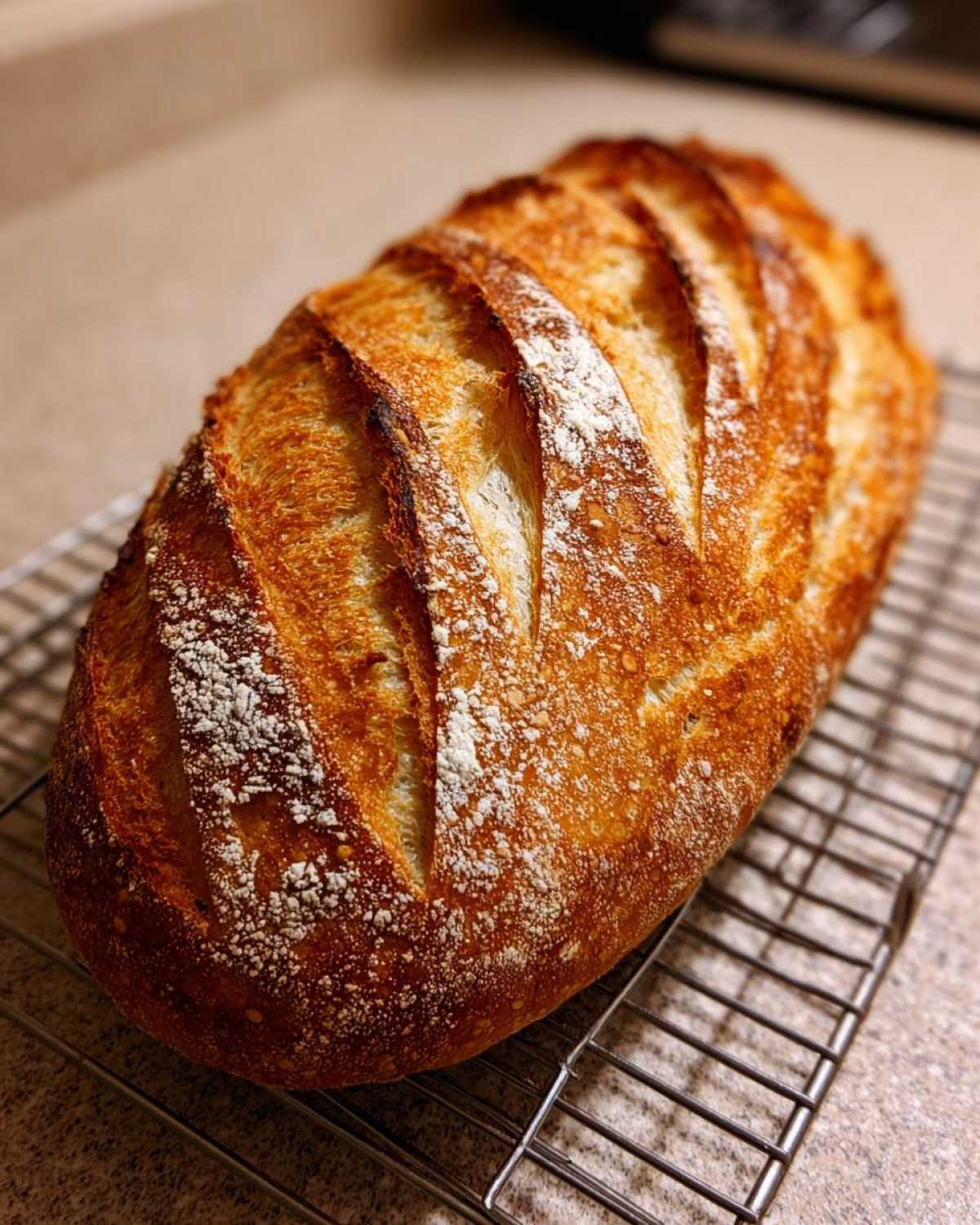 A golden brown, crusty loaf of homemade french bread with deep slashes cooling on a wire rack.