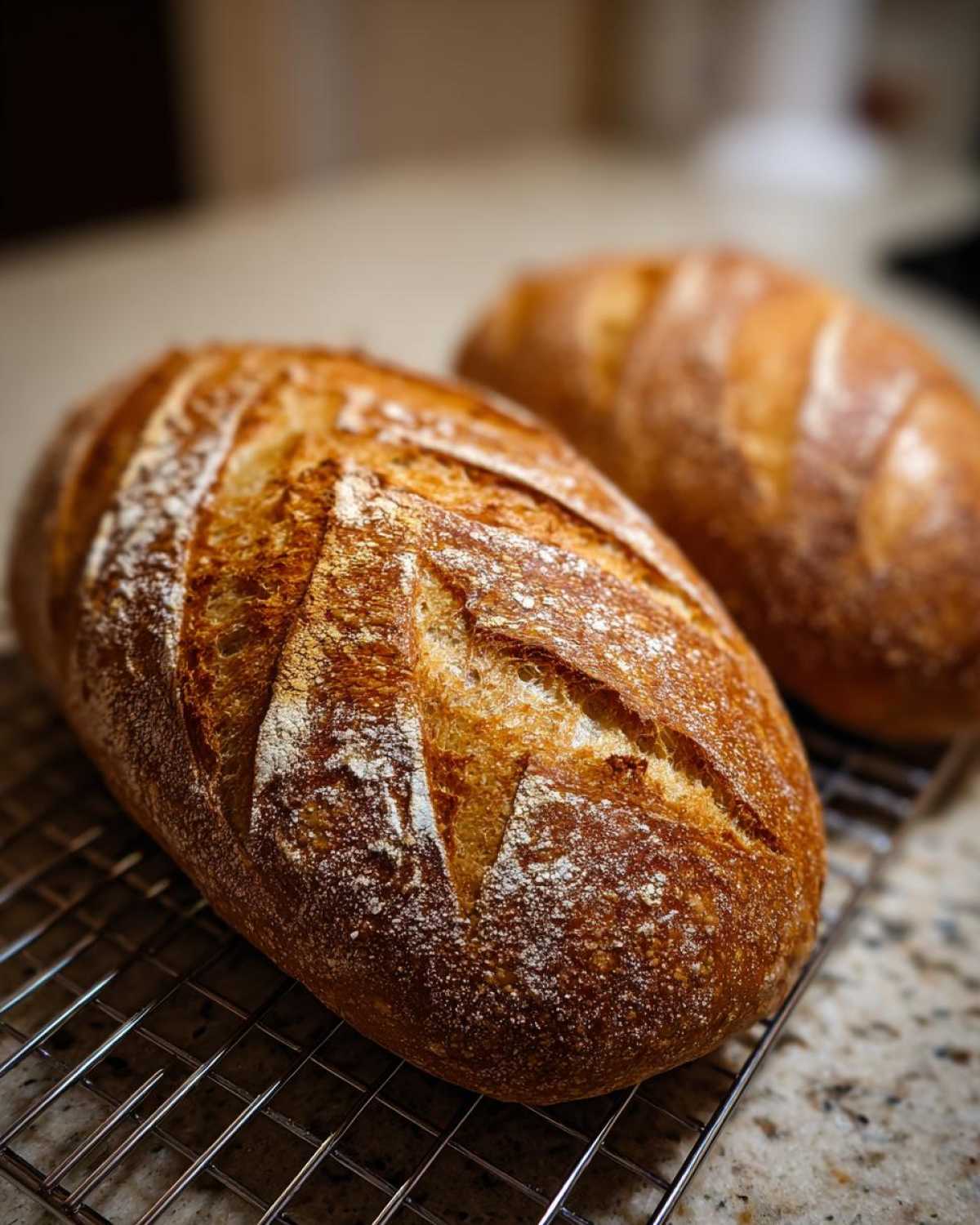 Two loaves of golden-brown, crusty french bread resting on a wire cooling rack after baking.
