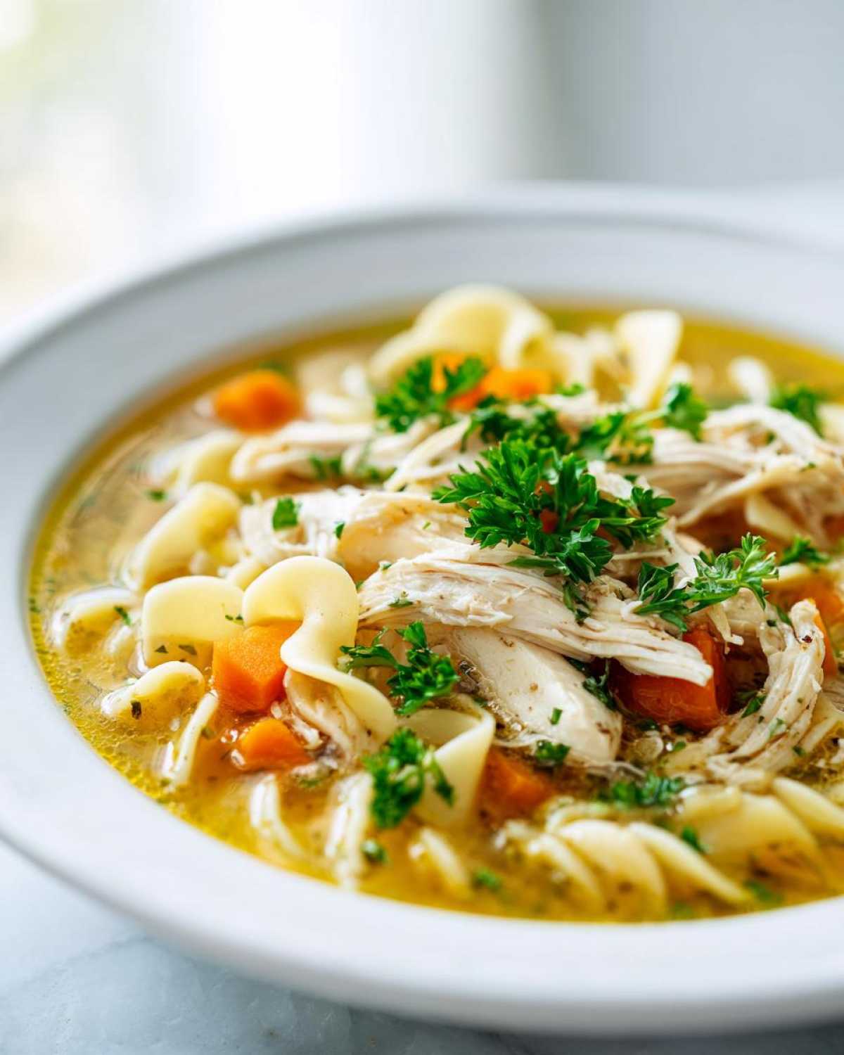 A close-up bowl of amazing 1-pot chicken noodle soup featuring shredded chicken, wide egg noodles, carrots, and fresh parsley.