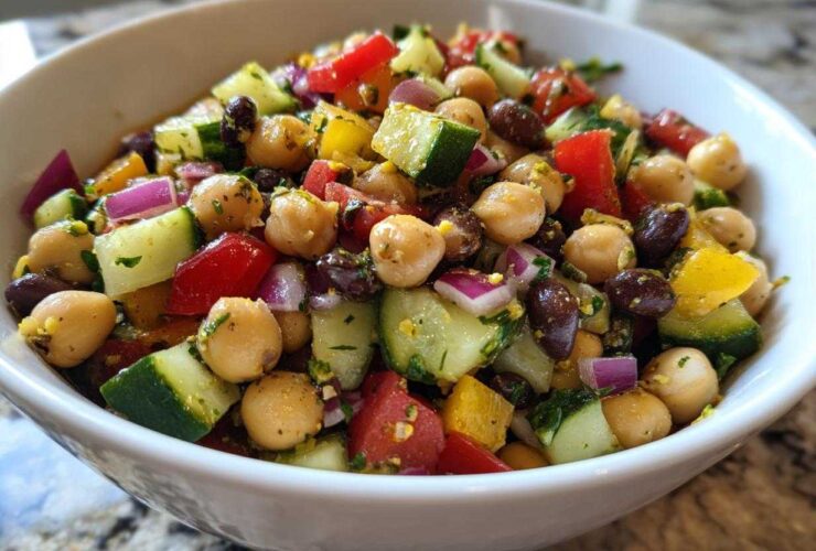 A vibrant bowl of fresh bean salad featuring chickpeas, black beans, cucumber, red onion, and bell peppers.