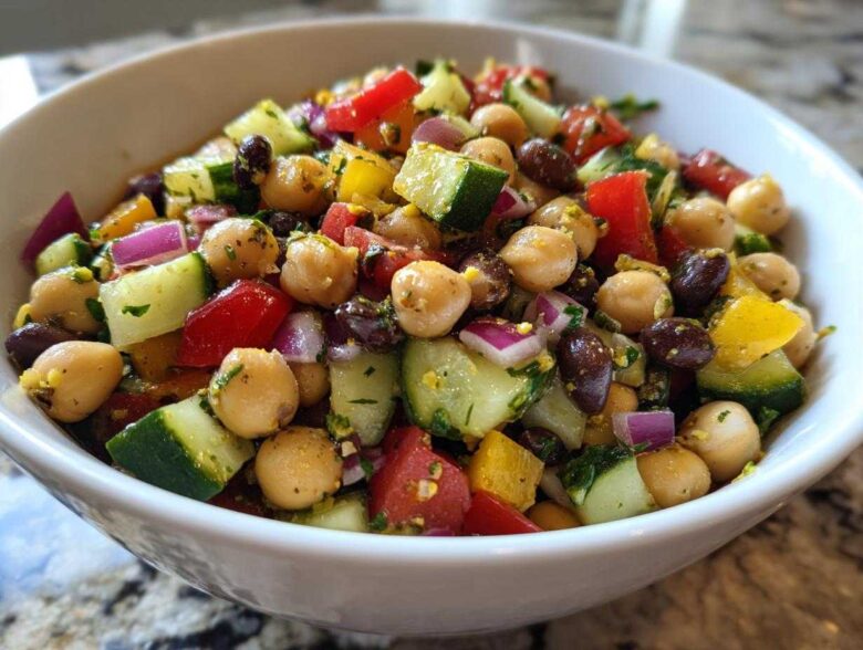 A vibrant bowl of fresh bean salad featuring chickpeas, black beans, cucumber, red onion, and bell peppers.