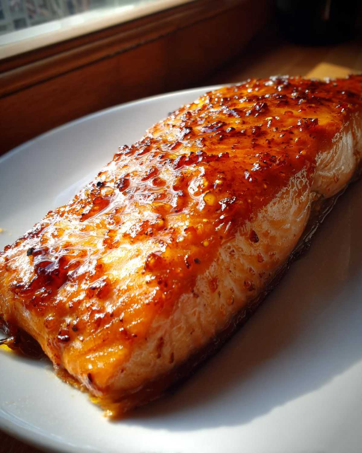 Close-up of a perfectly cooked salmon fillet covered in a thick, shiny, caramelized glaze.