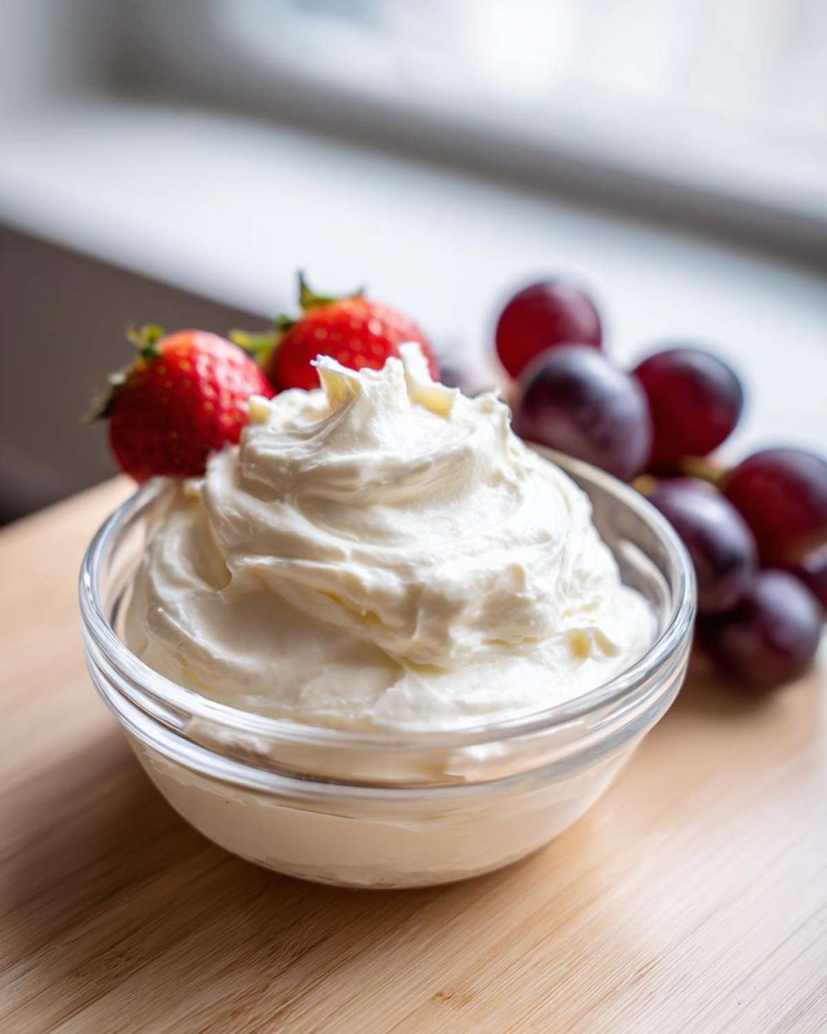 A close-up of a bowl filled with creamy, whipped fruit dip, garnished with fresh strawberries and red grapes.