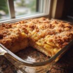 A square glass baking dish filled with a freshly baked apple cobbler recipe, showing a slice removed.