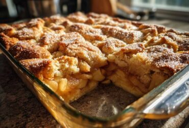 Close-up of a golden brown apple cobbler recipe baked in a clear glass dish, showing the crumb topping and cooked apple filling.
