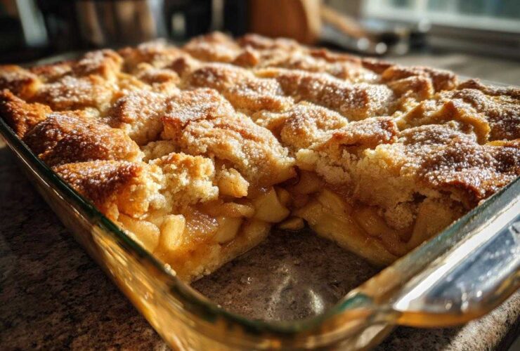 Close-up of a golden brown apple cobbler recipe baked in a clear glass dish, showing the crumb topping and cooked apple filling.