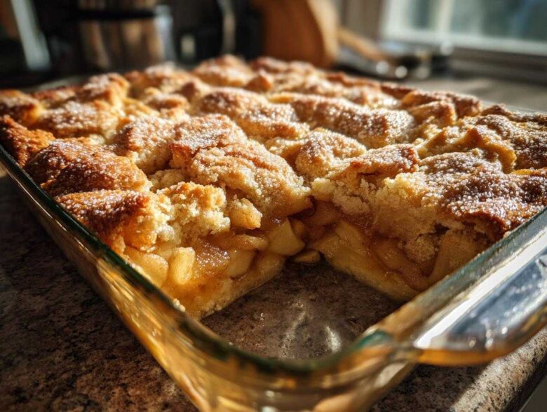 Close-up of a golden brown apple cobbler recipe baked in a clear glass dish, showing the crumb topping and cooked apple filling.