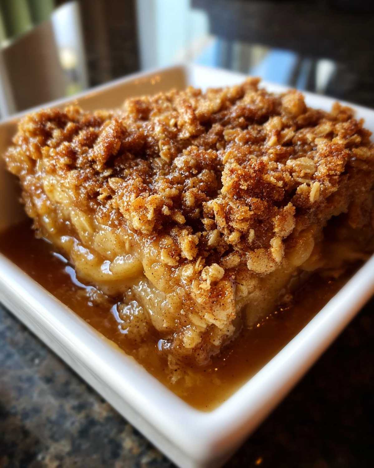 Close-up of a square serving of amazing apple crisp recipe with a thick, saucy bottom and crunchy oat topping.