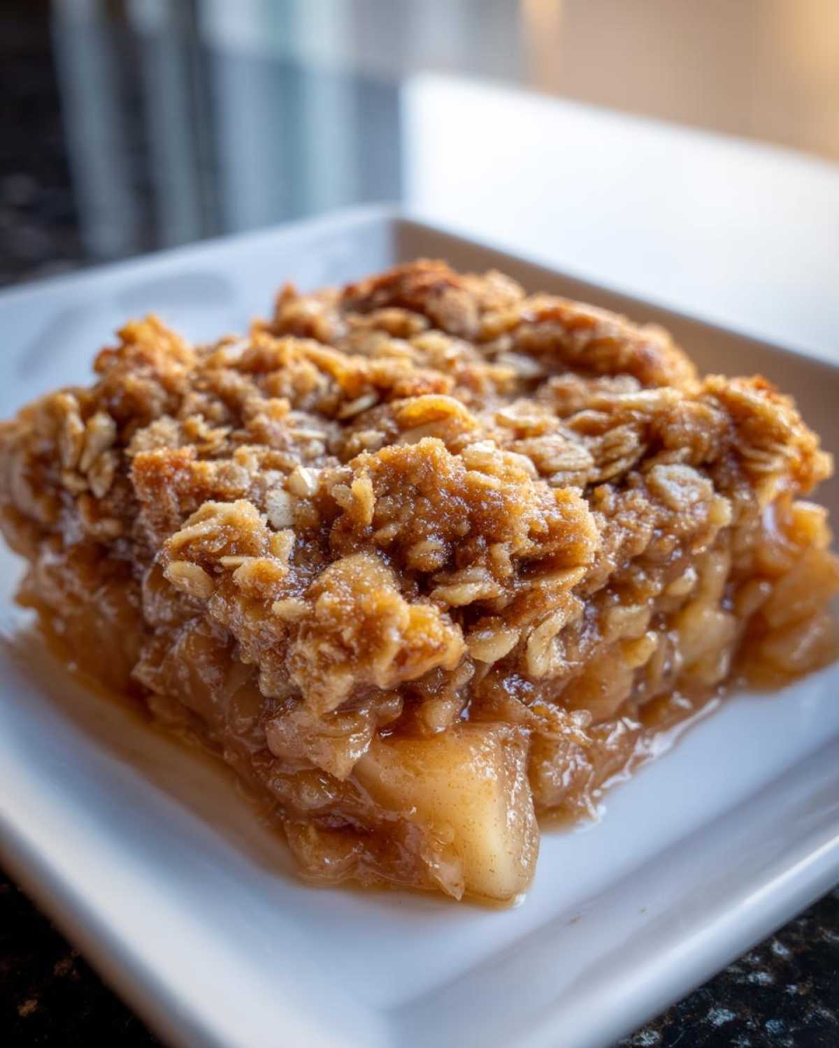 Close-up of a square serving of baked apple crisp recipe with a thick, golden, oat crumble topping.