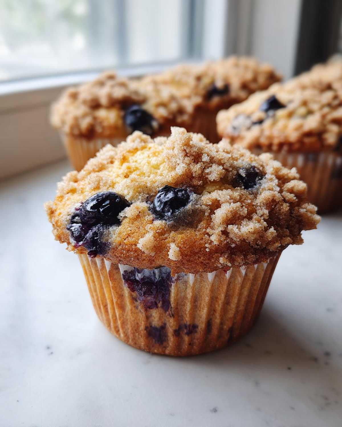Close-up of a delicious blueberry muffin topped with brown sugar streusel, with more blueberry muffins blurred in the background.