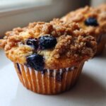 A close-up, shallow depth of field shot of a freshly baked blueberry muffin topped with brown sugar streusel.