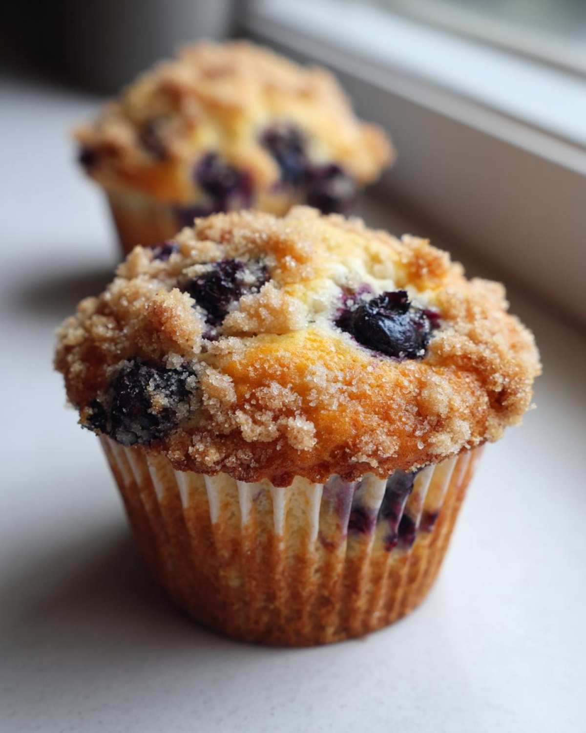 A close-up of a golden brown blueberry muffin topped with crunchy streusel, with another muffin blurred in the background.