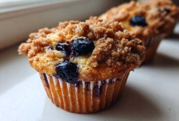 A close-up, shallow depth of field shot of a freshly baked blueberry muffin topped with brown sugar streusel.