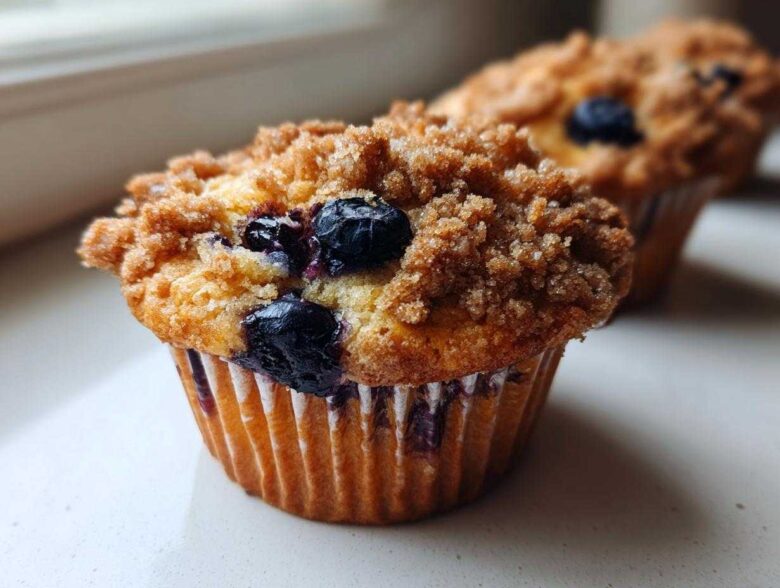 A close-up, shallow depth of field shot of a freshly baked blueberry muffin topped with brown sugar streusel.