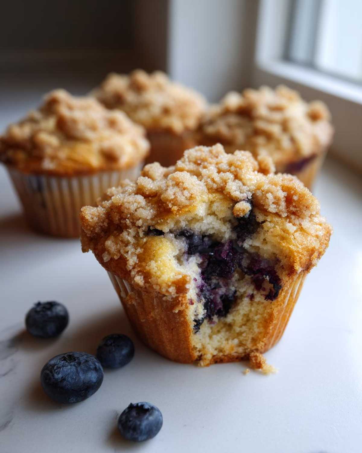 A close-up shot of a crumb-topped blueberry muffin cut in half, revealing moist interior and fresh blueberries.