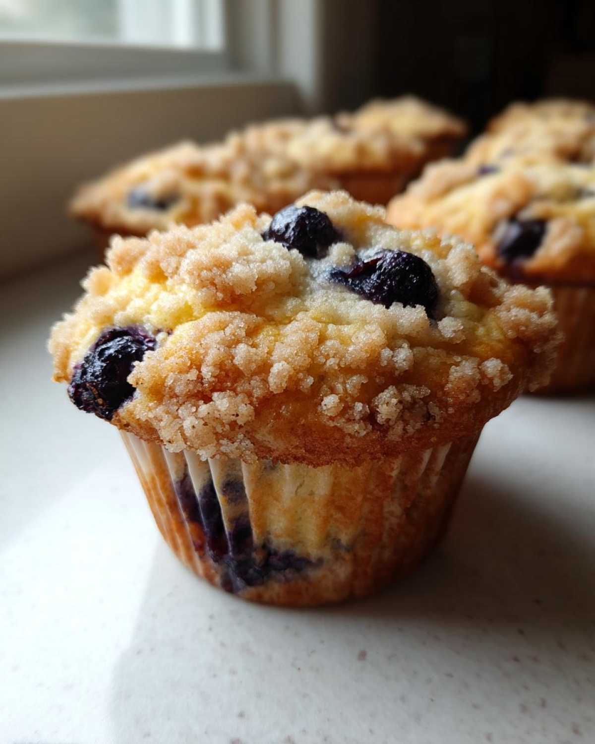 A close-up of one amazing blueberry muffins topped with a crunchy brown sugar streusel and visible blueberries.