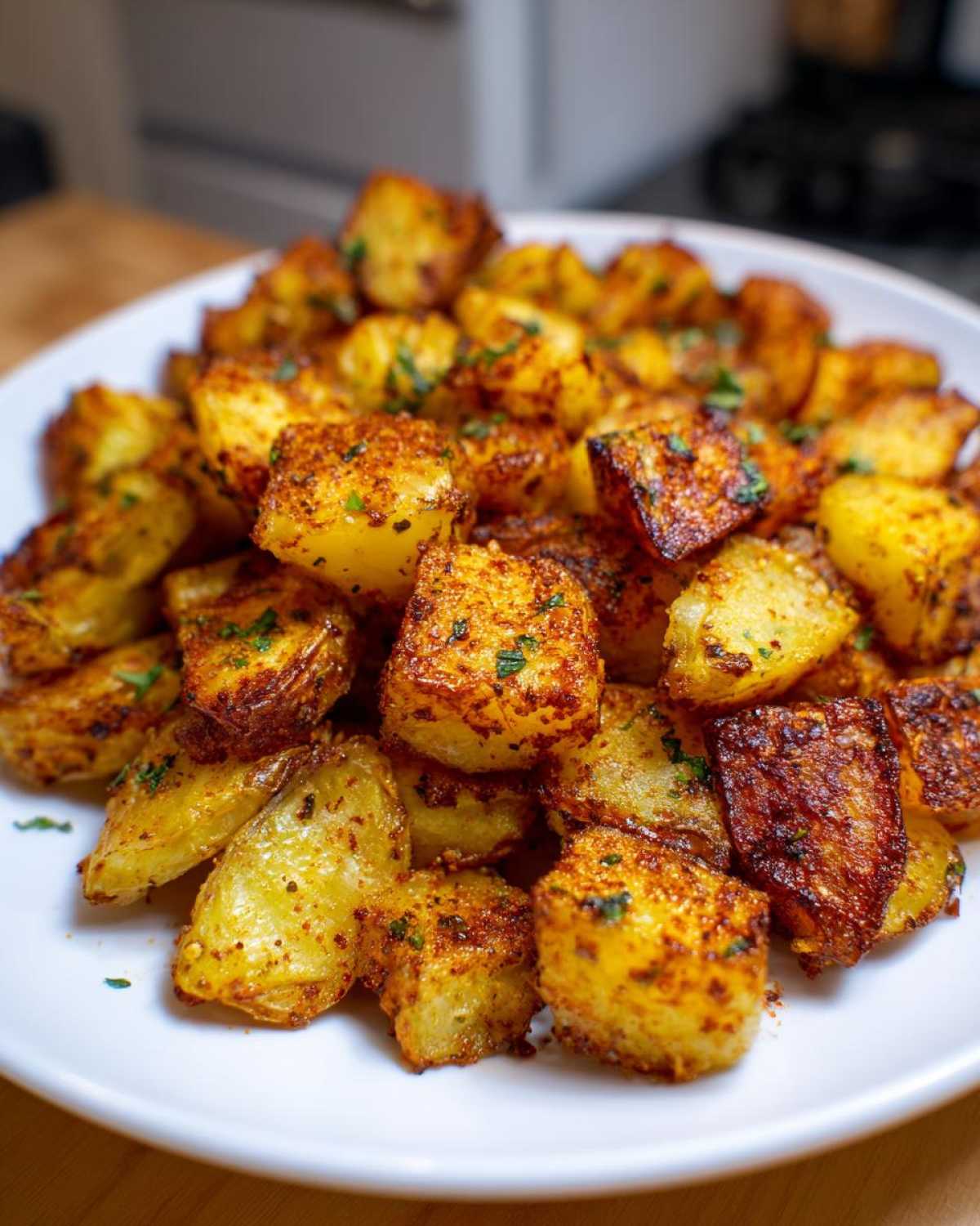 Close-up of golden brown, seasoned breakfast potatoes piled high on a white plate, garnished with parsley.