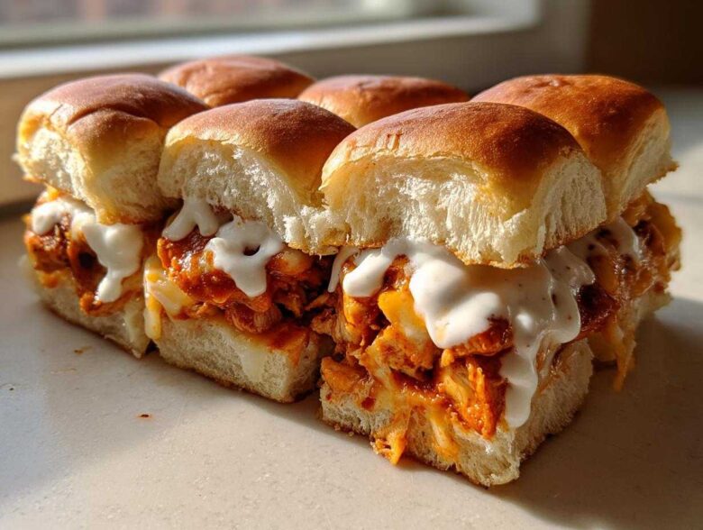 A close-up of several baked buffalo chicken sliders filled with shredded chicken, melted cheese, and drizzled with ranch or blue cheese dressing.