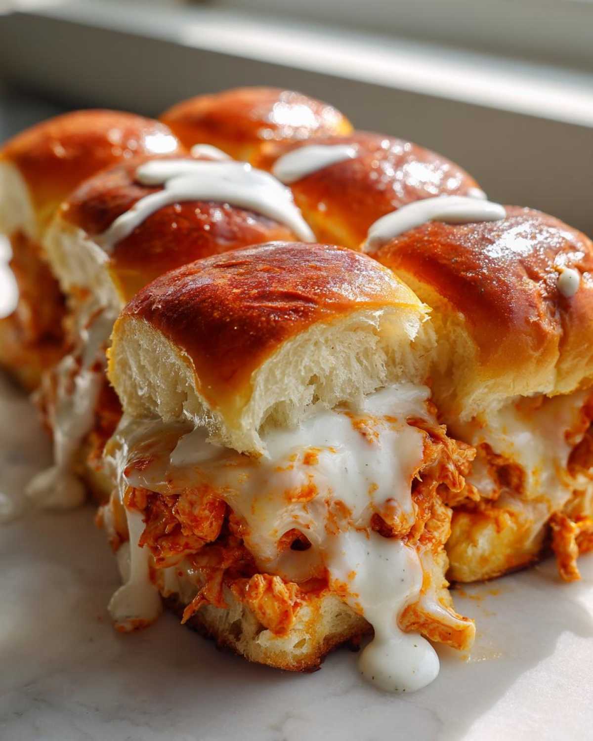 Close-up of gooey, cheesy buffalo chicken sliders oozing ranch dressing on golden brown rolls.