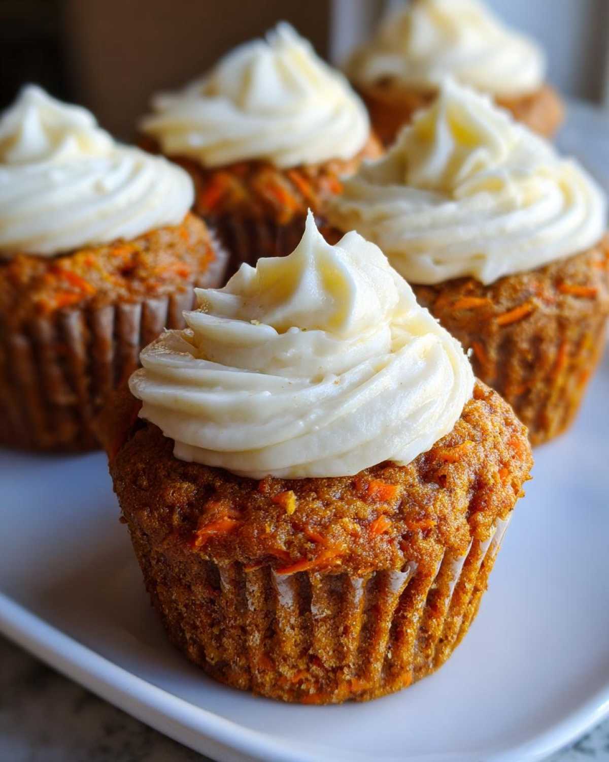 A close-up of a perfectly frosted carrot cake muffin with thick cream cheese frosting, showing shredded carrots in the cake base.