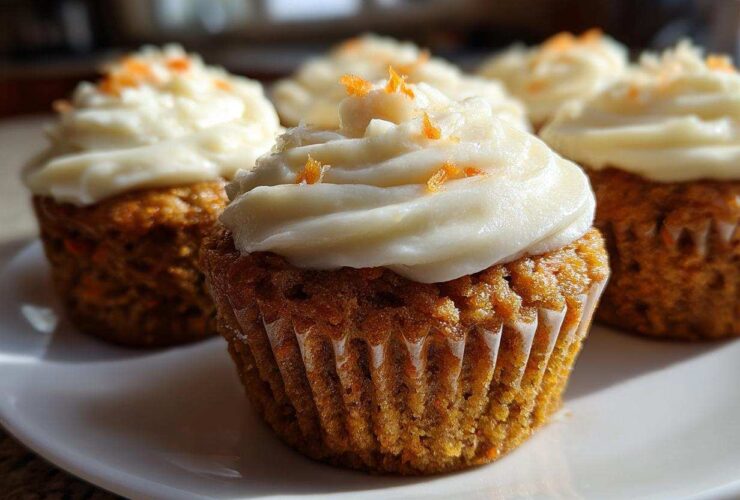 A close-up of several moist carrot cake muffins topped with thick cream cheese frosting and orange zest.