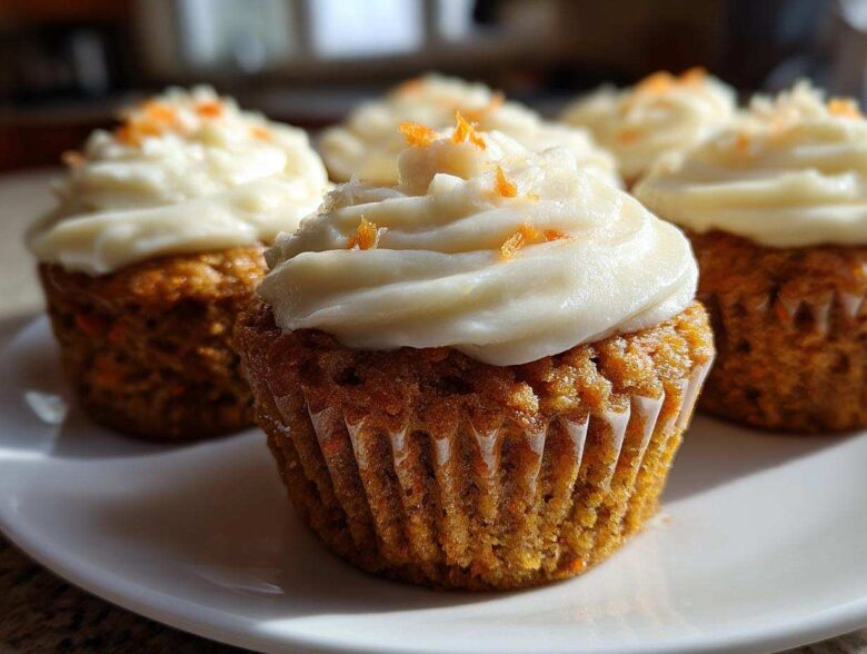 A close-up of several moist carrot cake muffins topped with thick cream cheese frosting and orange zest.