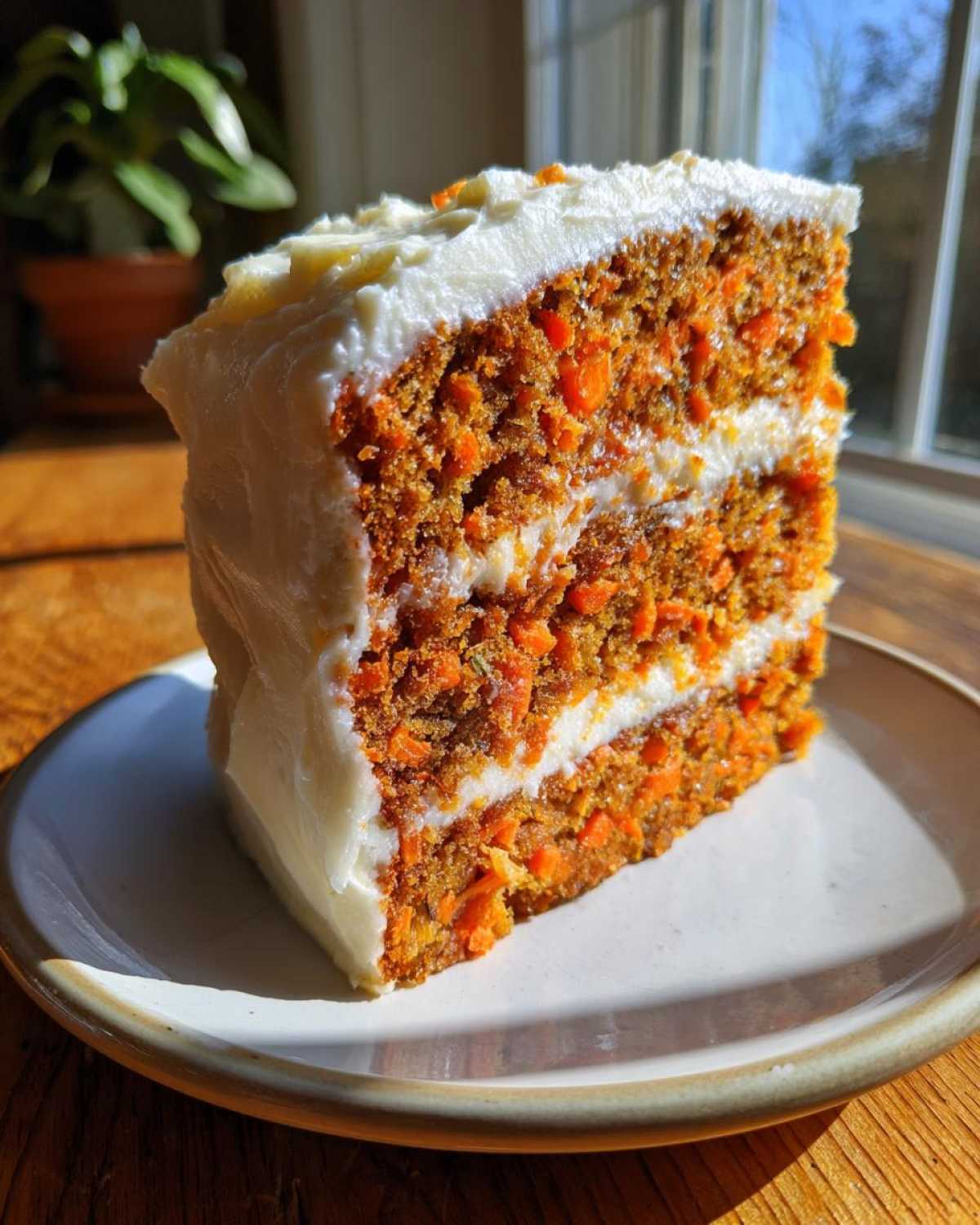 A tall, moist slice of layered carrot cake recipe with thick cream cheese frosting, sitting on a plate.