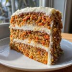 Close-up of a tall, moist slice of carrot cake recipe with three layers and thick cream cheese frosting.