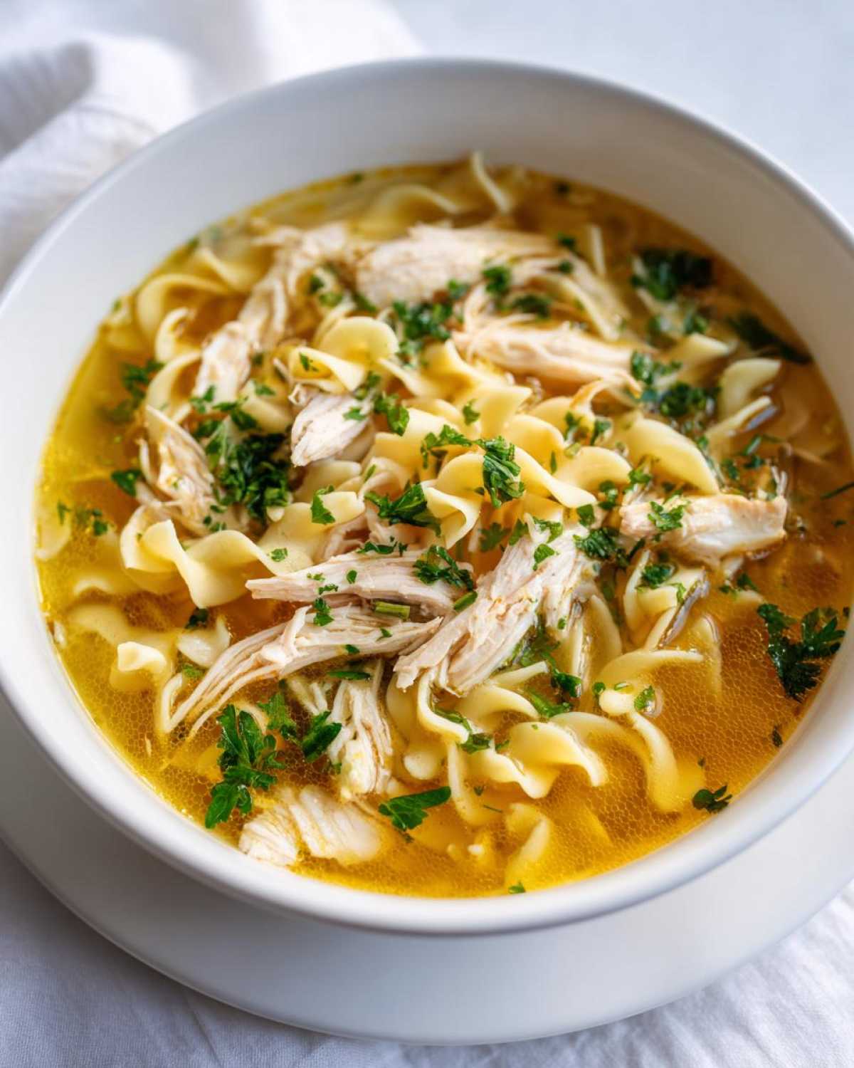 Close-up of a white bowl filled with rich broth, egg noodles, shredded chicken, and fresh parsley, showcasing homemade chicken noodle soup.