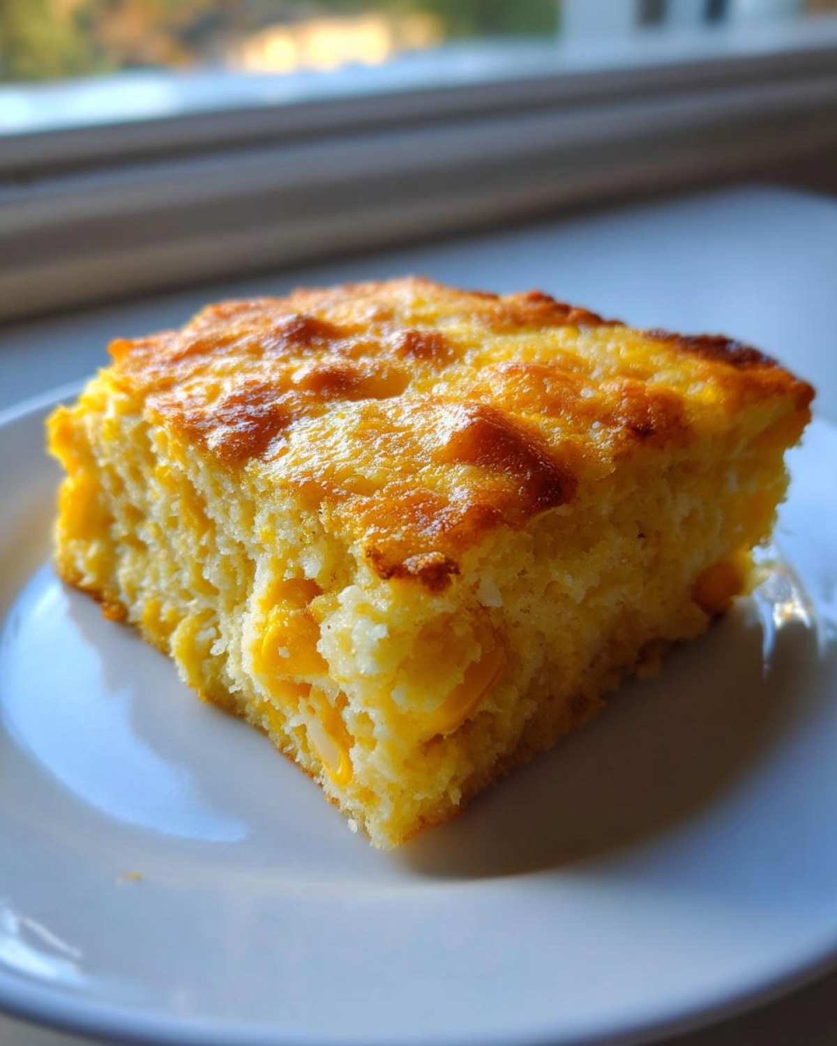 A square slice of golden baked cornbread casserole with visible corn kernels, served on a white plate.