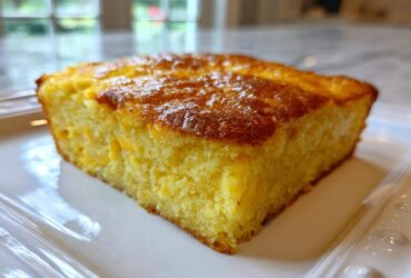 A close-up, featured image of a golden-brown slice of moist cornbread casserole on a white plate.