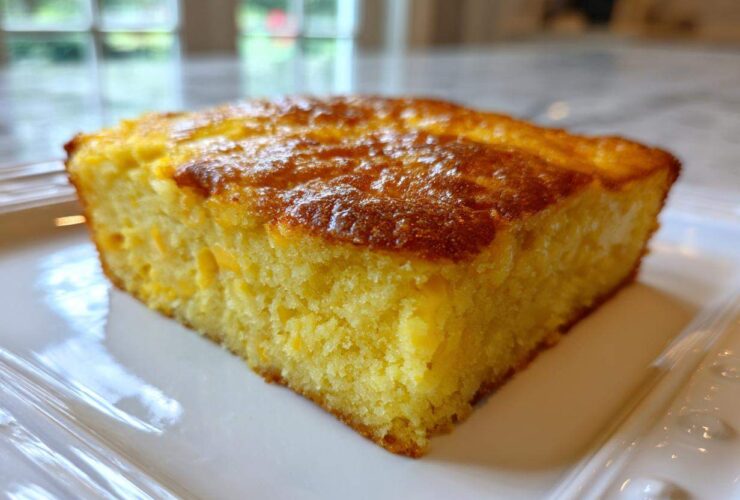 A close-up, featured image of a golden-brown slice of moist cornbread casserole on a white plate.