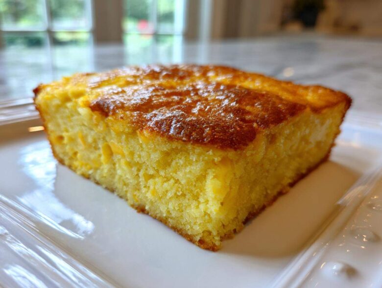 A close-up, featured image of a golden-brown slice of moist cornbread casserole on a white plate.