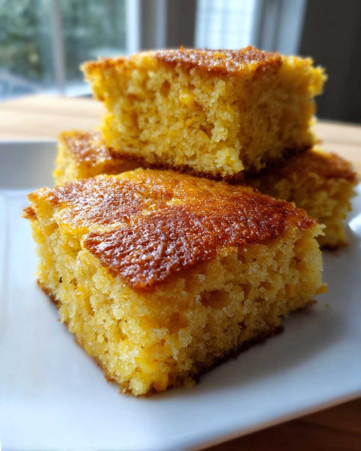 Close-up of stacked, golden-brown squares of moist cornbread casserole with visible corn kernels.